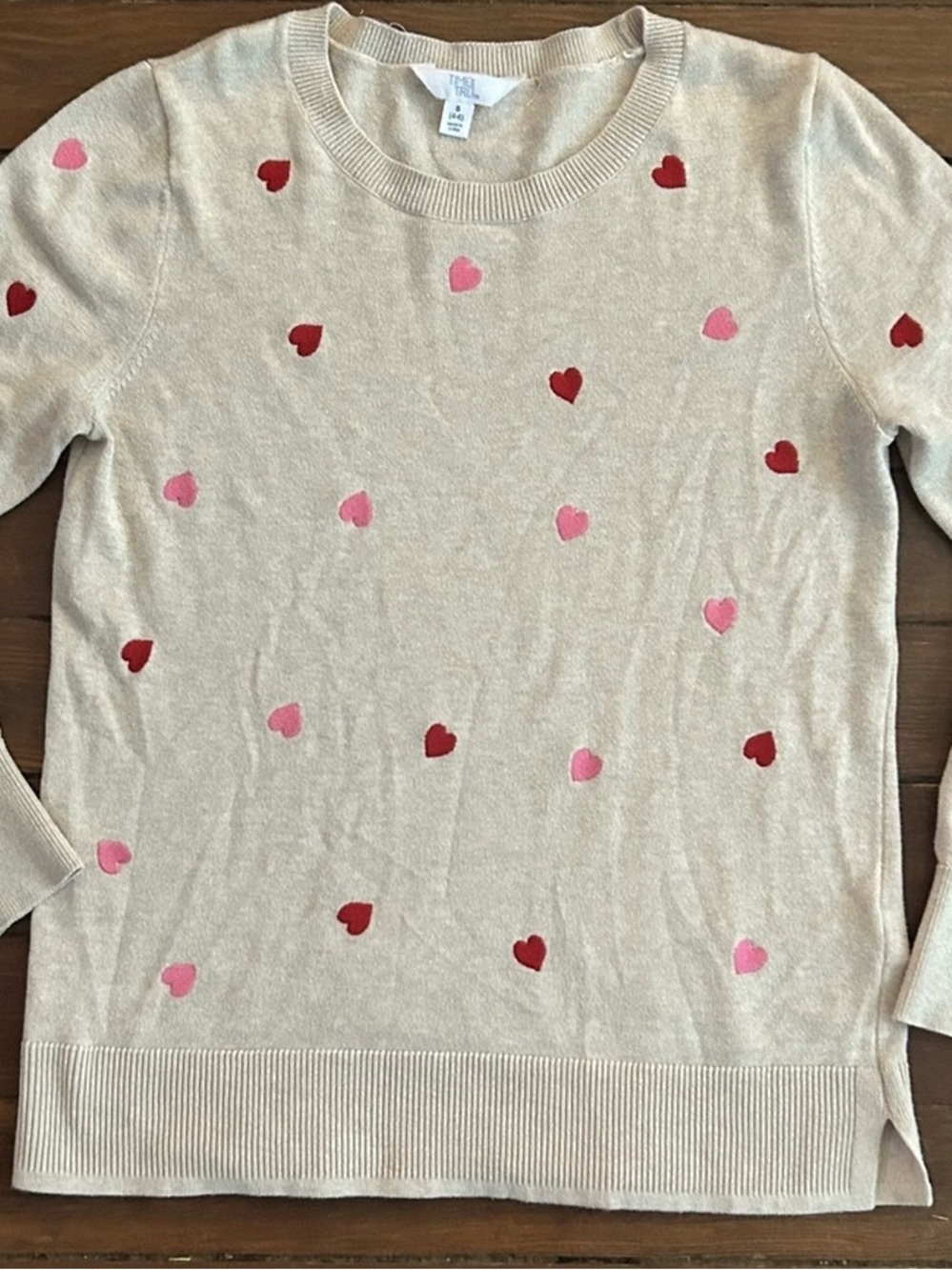 Time and Tru Beige Crewneck Sweater with Pink & Red Heart Print
